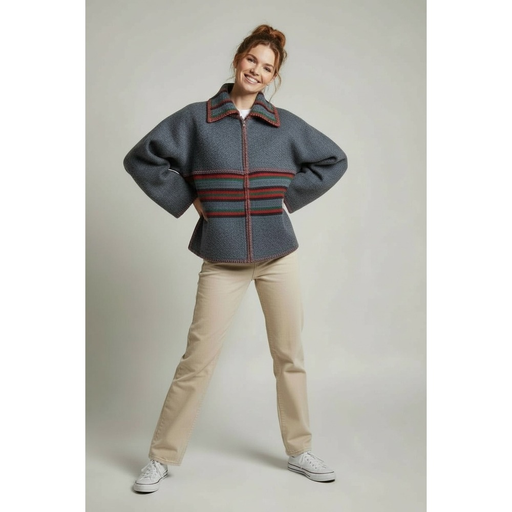 Handmade Gray Stripe Bog Jacket Zip Up from Pendleton Wool Blanket  | Woman's XL - Picture 2 of 15